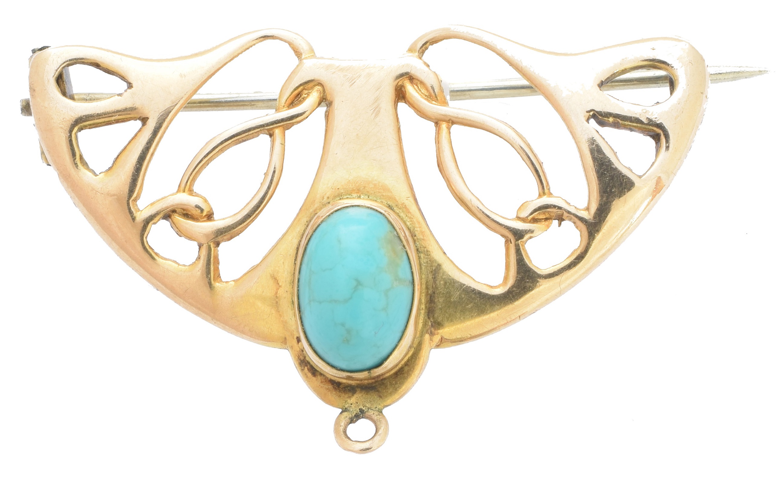 An Art Nouveau 9ct gold turquoise brooch by Henry Matthews