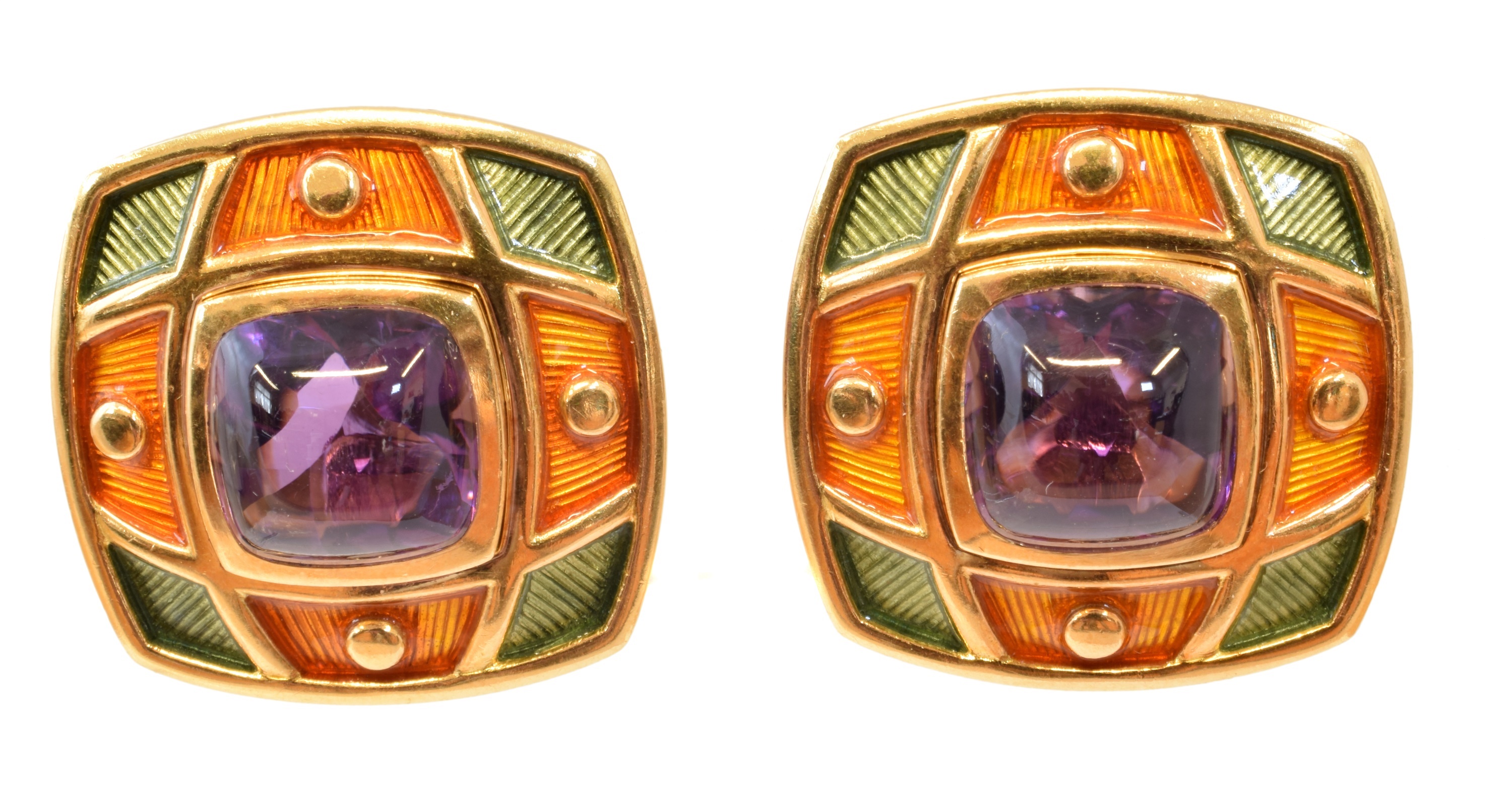 A pair of 18ct gold Leo de Vroomen amethyst and enamel earrings