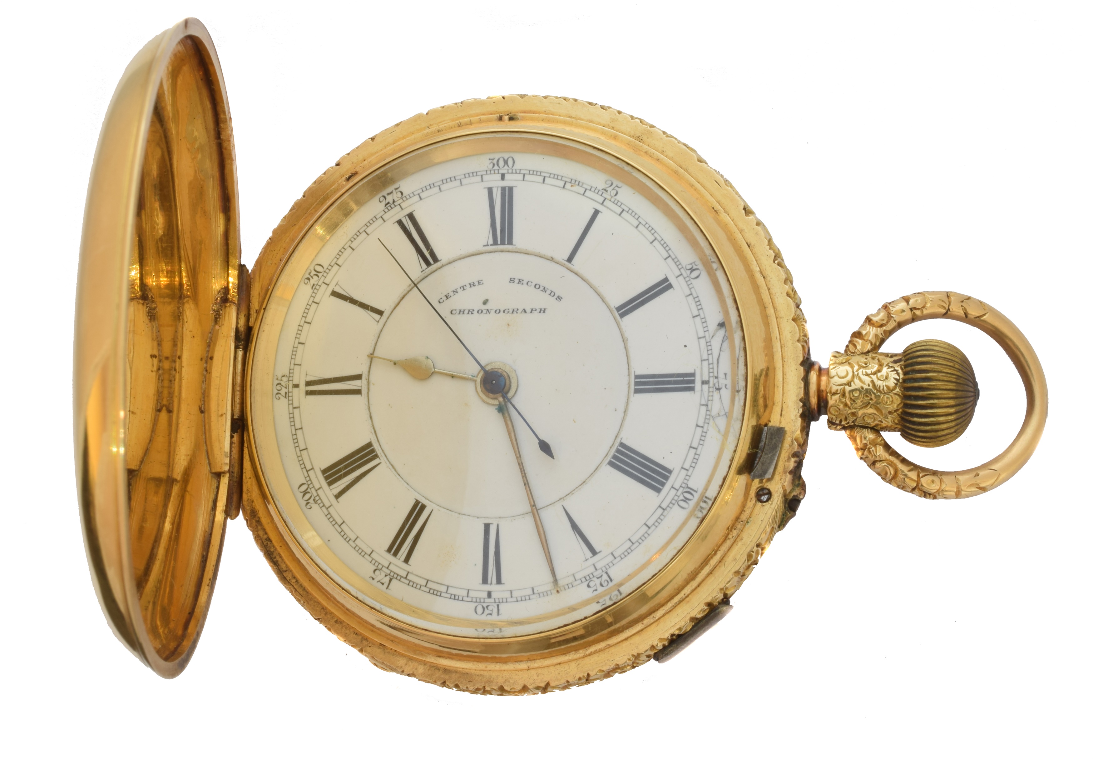 A Victorian 18ct gold full hunter pocket watch by John Hawley & Son Ltd., the 18ct gold case with foliate surround and bow, opening to reveal a circular white enamel dial signed 'Centre Seconds Chronograph,' Roman numeral hour markers and Arabic outer minutes track, keyless movement signed and numbered John Hawley & Son Ltd., 77381, case with hallmarks for John Helsby, Chester, 1897, case diameter 57mm, gross weight 170.4g.