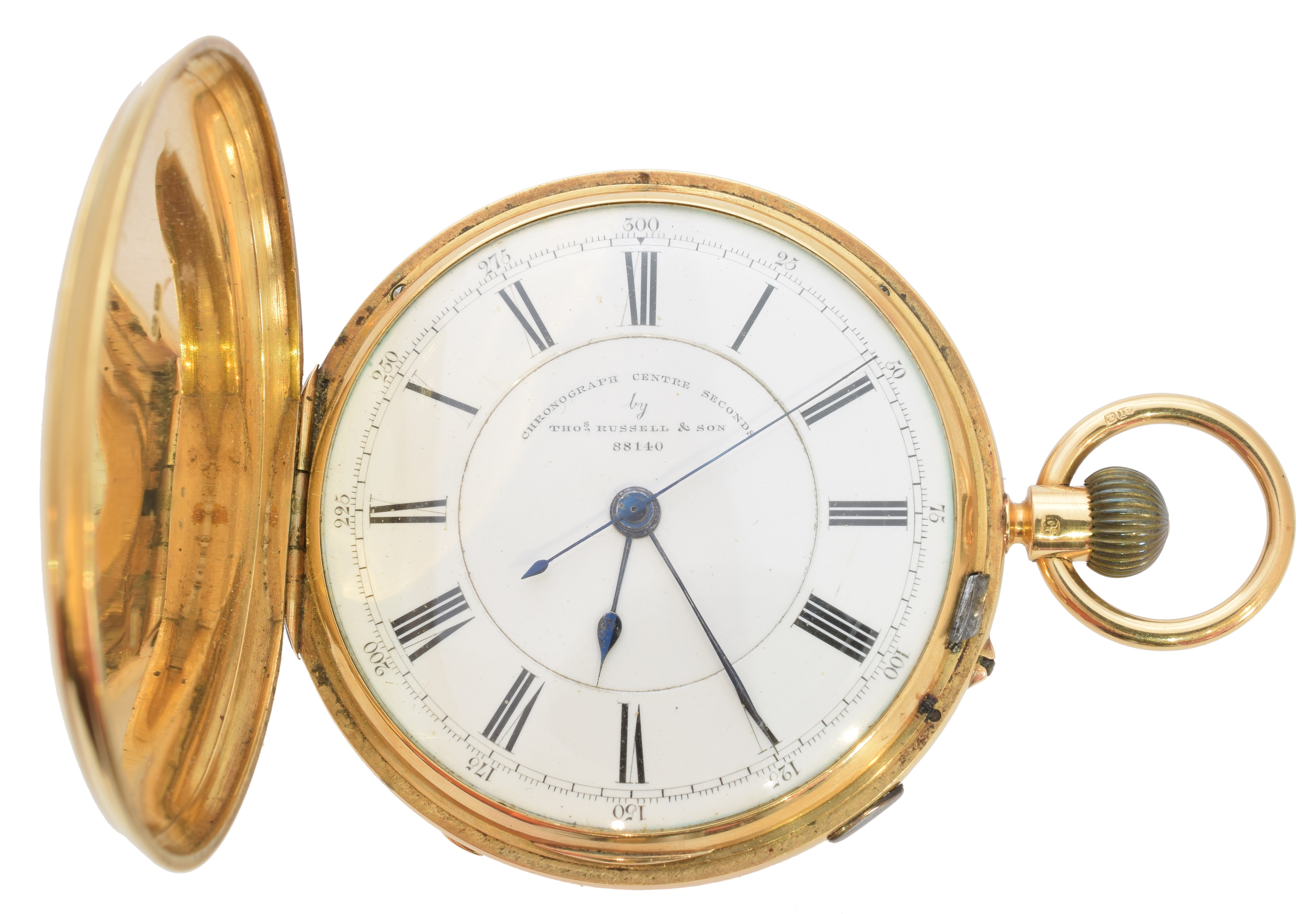A late Victorian 18ct gold Thos Russell & Sons full hunter pocket watch, the circular signed dial with Roman numeral hour markers and outer minutes track, keyless movement signed and numbered Thos. Russell & Son, Liverpool, 88140, within an 18ct gold case bearing hallmarks for Chester, 1894, case diameter 53mm, gross weight 138.6g.