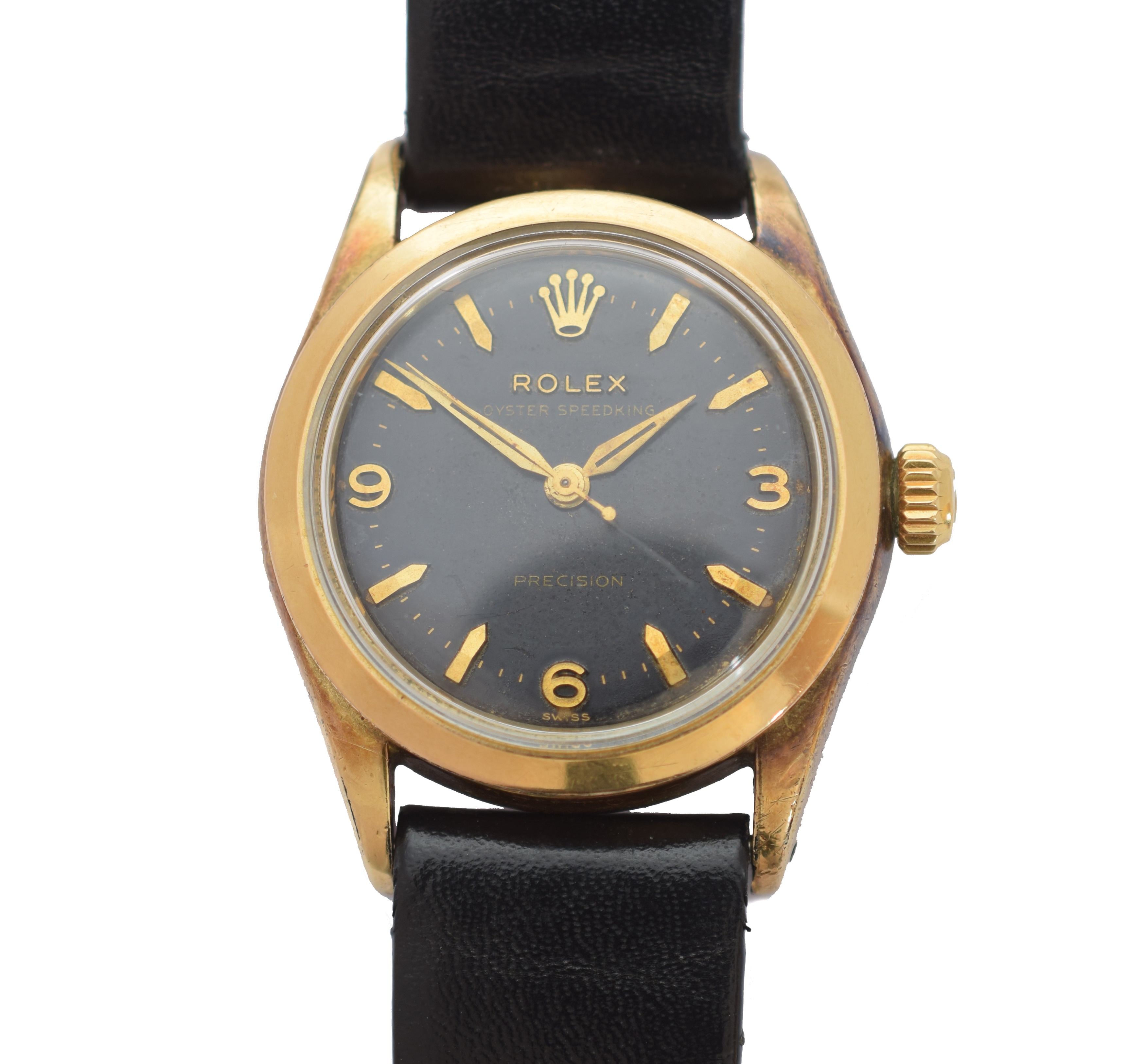 A mid 20th century Rolex Oyster Speedking wristwatch, the circular signed black dial with Arabic quarter markers, baton hour markers and outer minutes track, cal 1210, ref. N62960, movement signed Mentres Rolex SA, Geneva Swiss 17 jewels, within a rolled gold and steel case, case back signed Mentres Rolex SA, Geneva, Switzerland, Patented, serial number 170100, case diameter 30mm.