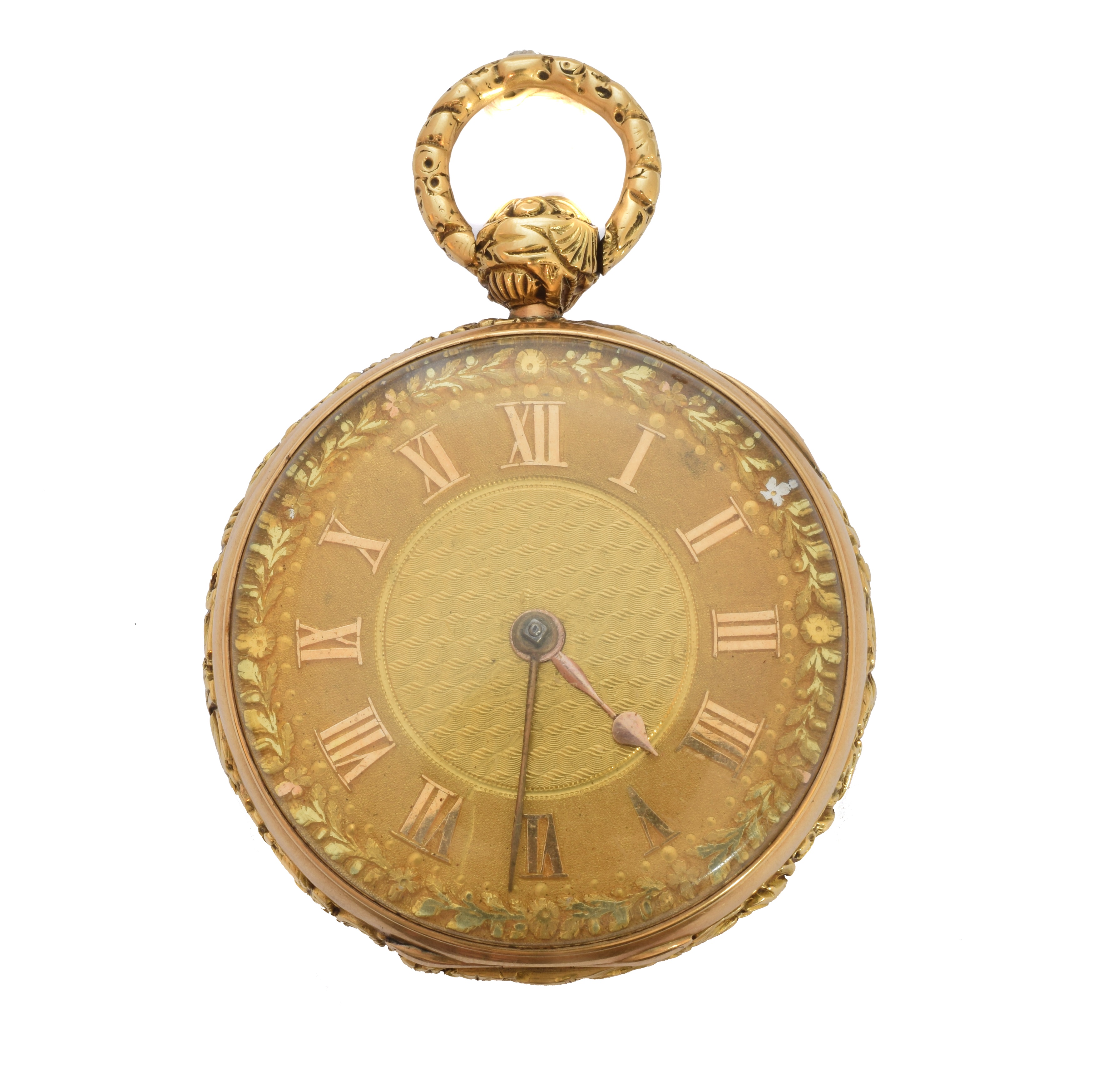 A Victorian 18ct gold open face pocket watch by Litherland Davies & Co., the circular gold tone dial with foliate detailing and Roman numeral hour markers, key wound movement with foliate watch cock, rose cut diamond endstone, signed and numbered Litherland Davies & Co., Liverpool, No.9127, within a case bearing hallmarks for THJH, Chester, 1884, featuring repoussé decoration of cupid to the back and foliate detailing to the surround and bow, case diameter 48mm, gross weight 110.6g.