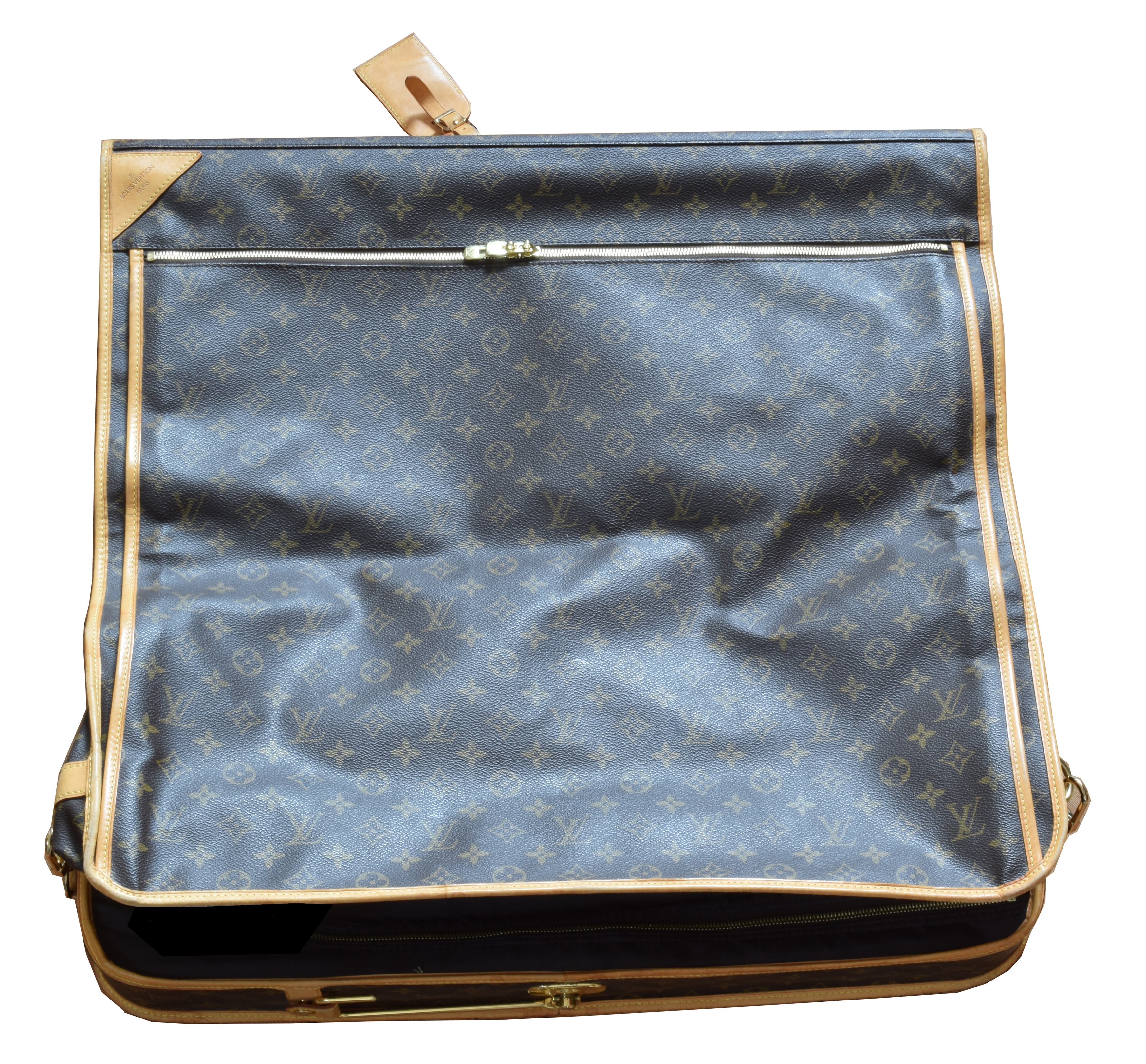 A Louis Vuitton monogram garment cover, circa 2001, the maker's monogram coated canvas with smooth leather trim, rolled vachetta leather handle, zip fastening, gold-tone hardware and luggage tag, serial no. SP1021.
