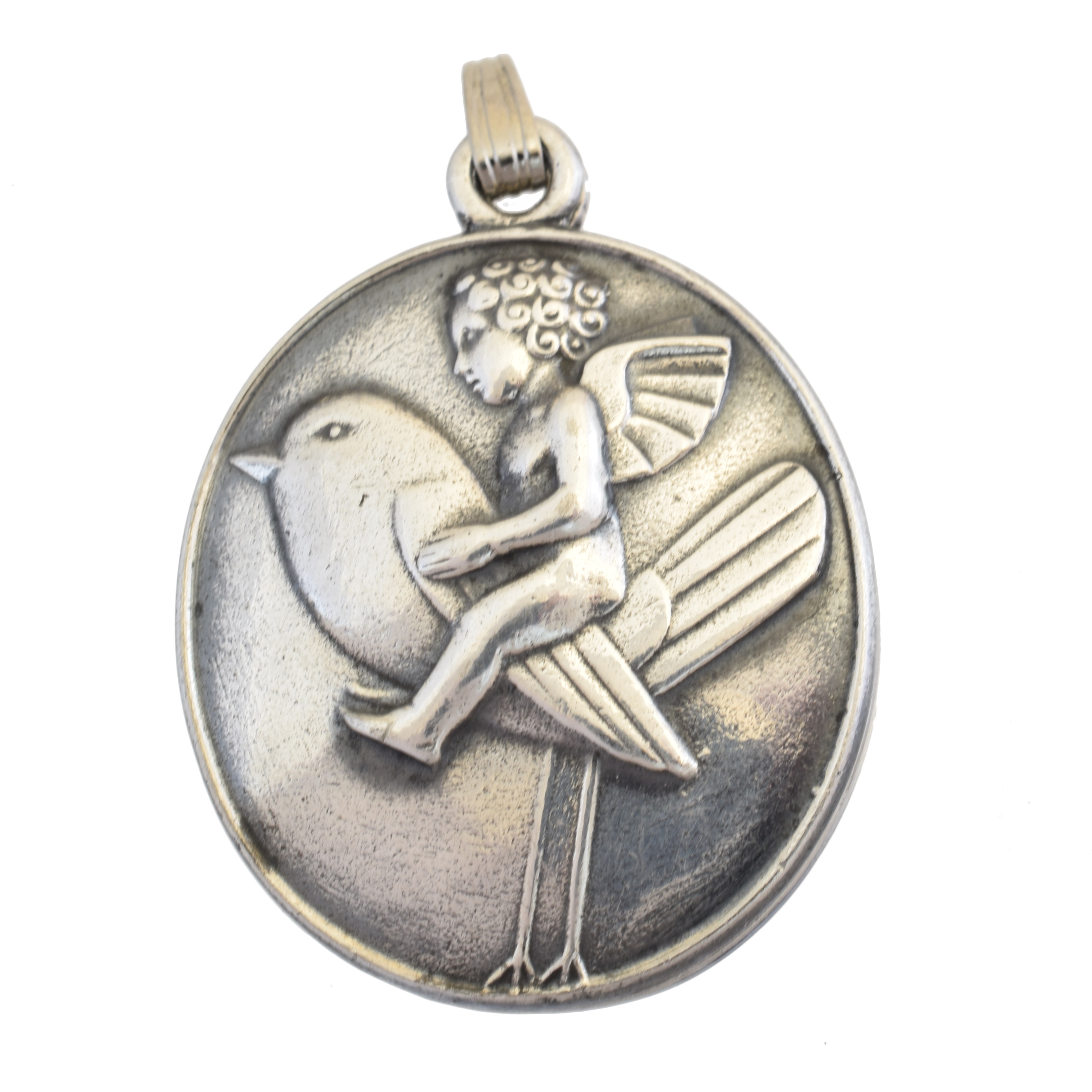 An early 20th century Seccessionist silver locket pendant, designed by Berthold Loffler for Wiener Werkstatte, the oval shape locket with winged putto and bird, stamped maker's marks, length 4cm, gross weight 12.3g.