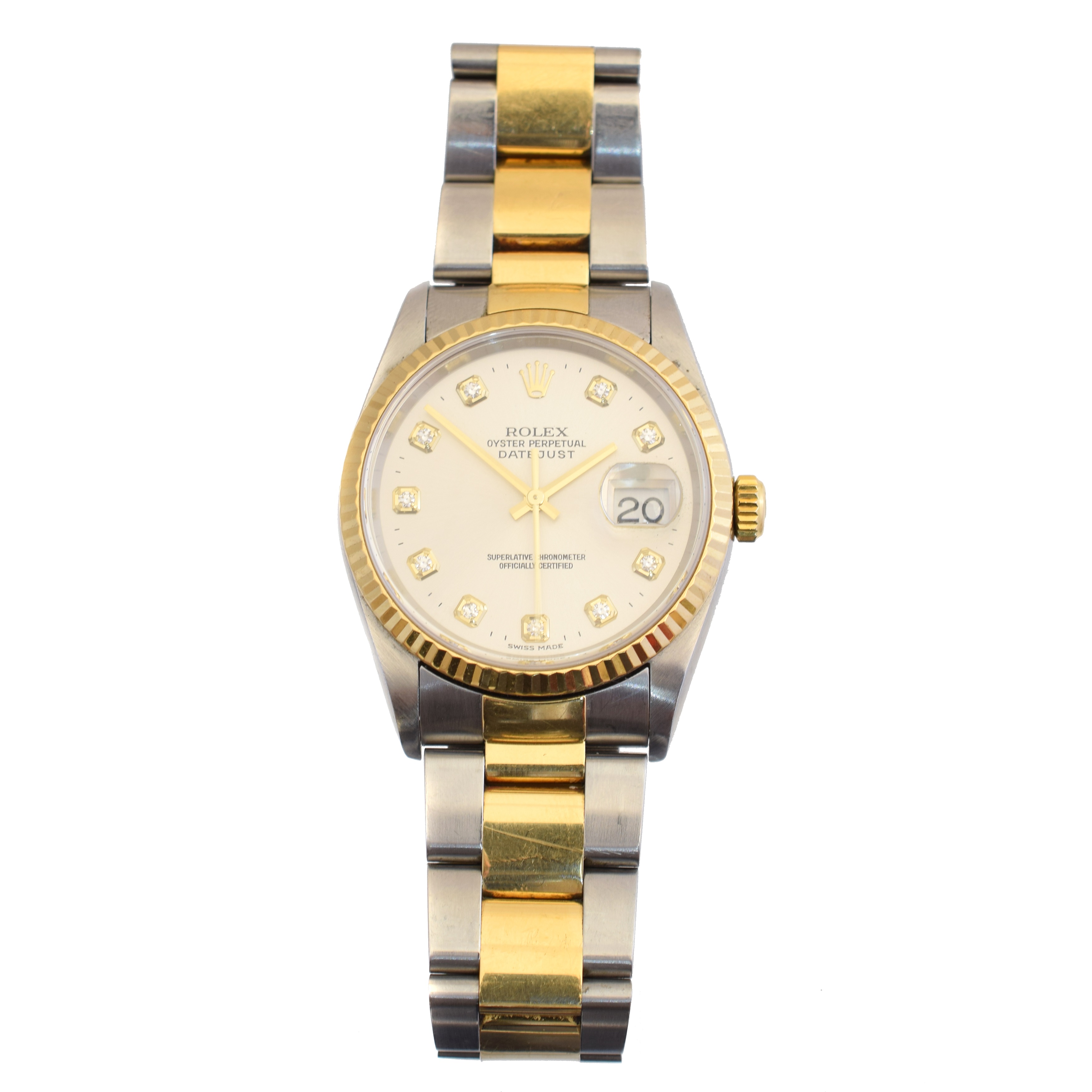 A gents steel and gold Rolex Oyster Perpetual Datejust wristwatch, circa 2002, the circular signed silver tone dial with diamond dot hour markers, date aperture to 3, with fluted bezel and oyster bracelet, model no. 16233, Y213245, case diameter 36mm, with maker's box.