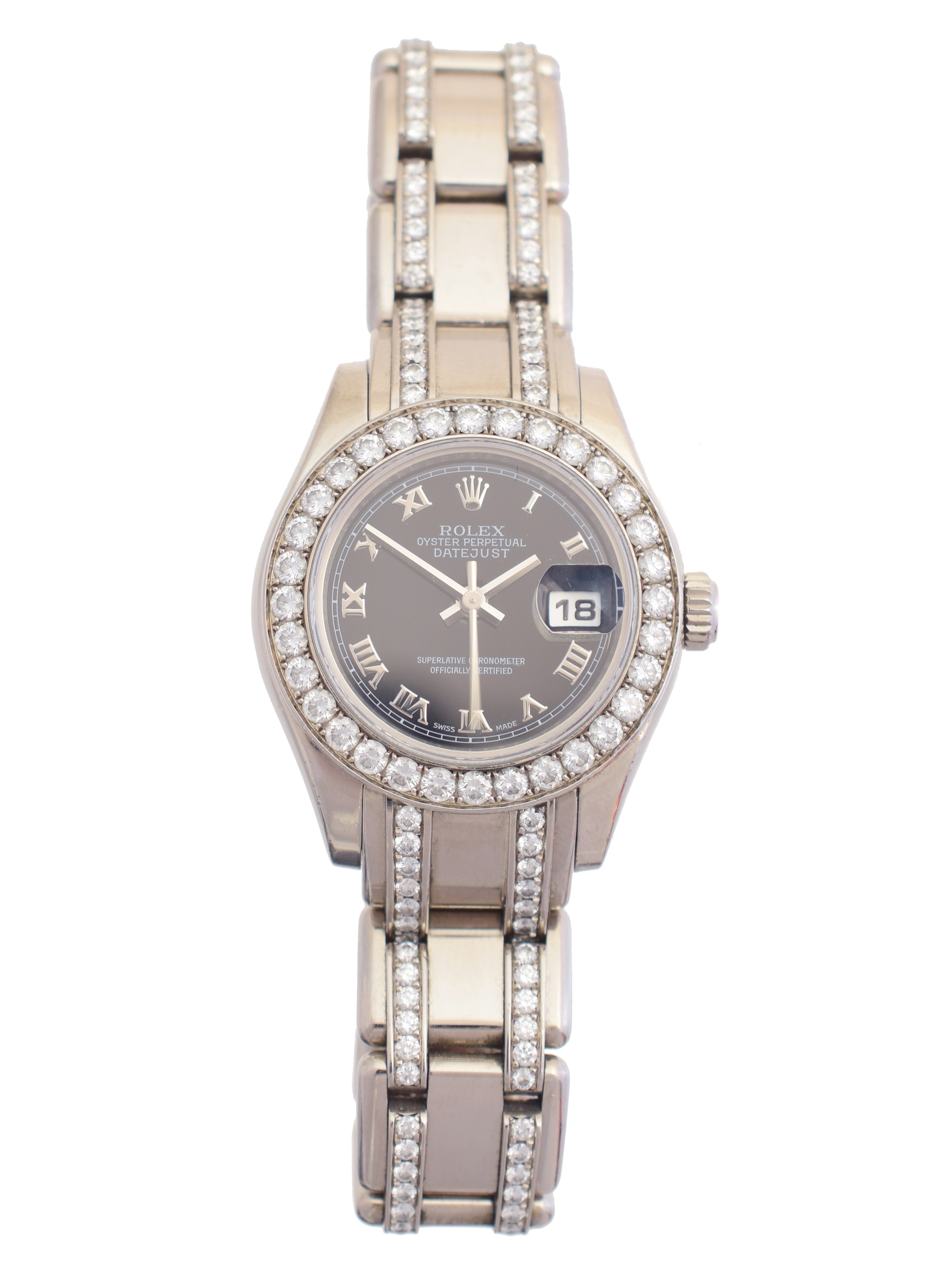 A ladies 18ct gold and diamond Rolex Oyster Perpetual Datejust Pearlmaster wristwatch, circa 2006-7, the circular signed black dial with Roman numeral hour markers, date aperture to 3, with diamond set bezel and Pearlmaster bracelet with crown clasp, model no. 80299, Z961180, case diameter 29mm, gross weight 111g, with box and papers.