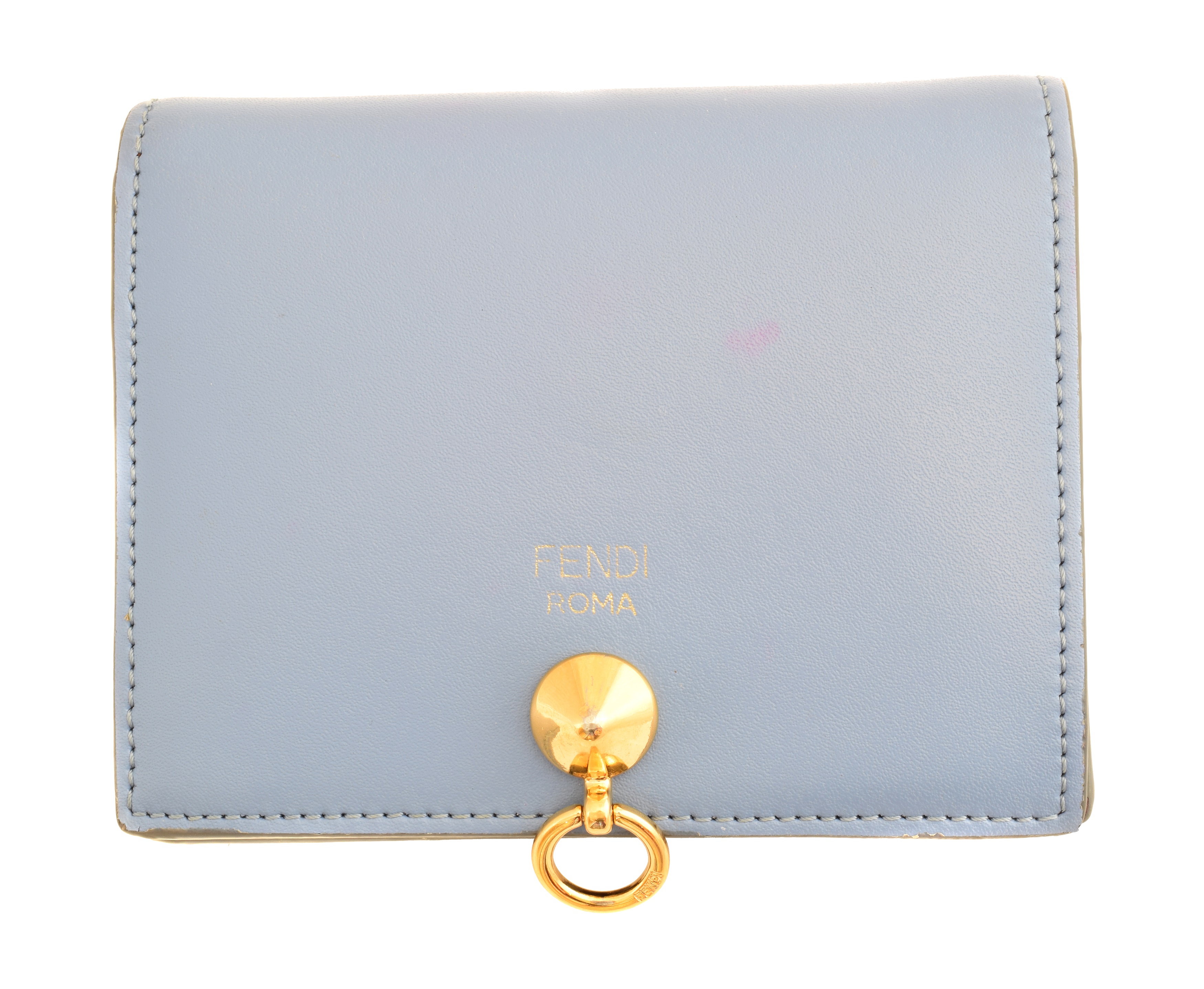 A Fendi Bifold Wallet, the light blue calf leather exterior with gold-tone hardware and purple smooth leather interior.