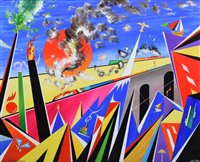 Lot 366 - David Wilde, "Futurist planes, boats and trains", acrylic.