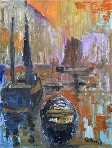 Lot 383 - J.L. Isherwood, "Mevagissey Boats", oil.