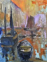 Lot 383 - J.L. Isherwood, "Mevagissey Boats", oil.