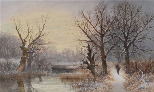 Lot 507 - William Henley, Winter scene with woodcutter on a woodland path, watercolour.