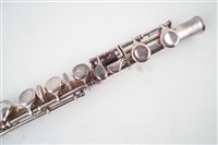 Lot 173 - Flute by John Grey and Sons London, silver plated Boehm system with walnut case.