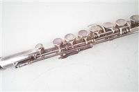 Lot 173 - Flute by John Grey and Sons London, silver plated Boehm system with walnut case.