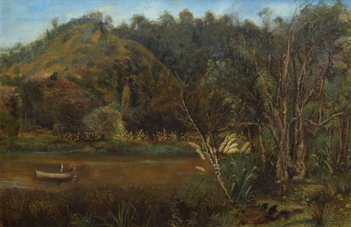 Lot 488 - New Zealand School, 19th century, "Autumn on the River Wairoa, Clevedon, South Auckland", oil.