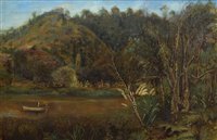 Lot 488 - New Zealand School, 19th century, "Autumn on the River Wairoa, Clevedon, South Auckland", oil.