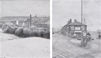 Lot 463 - Russell Howarth, "Orb Mill, Oldham" and "Post Office", pencil drawings (2).