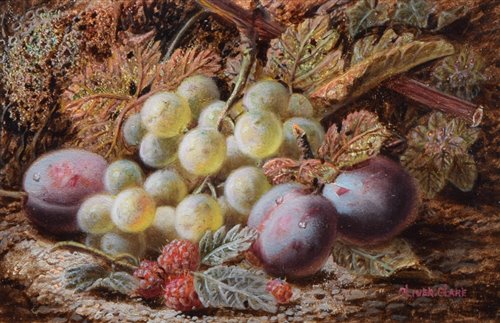 Lot 490 - Oliver Clare, Still life with plums, grapes and raspberries, oil.