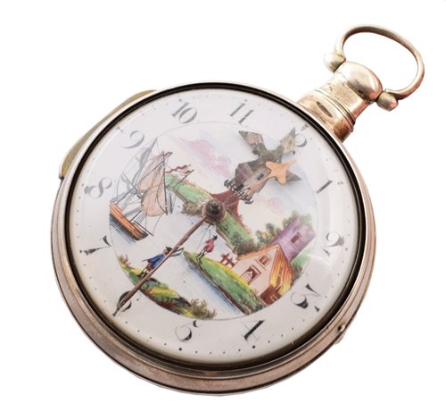 Lot 41 - Georgian silver pair case pocket watch with painted Dutch scene to dial
