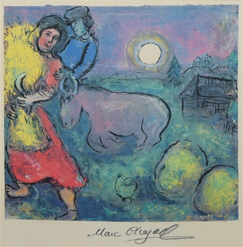 Lot 183 - After Marc Chagall, Girl holding bushel with donkey, signed print.