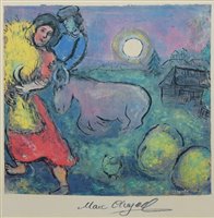 Lot 183 - After Marc Chagall, Girl holding bushel with donkey, signed print.