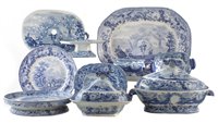 Lot 39 - Bathwell and Goodfellow rural scenery blue transfer dinner ware, to include three tureens, egg stand, cheese stand, meat plate, strainer