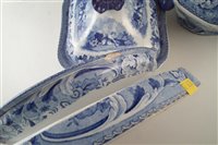 Lot 39 - Bathwell and Goodfellow rural scenery blue transfer dinner ware, to include three tureens, egg stand, cheese stand, meat plate, strainer