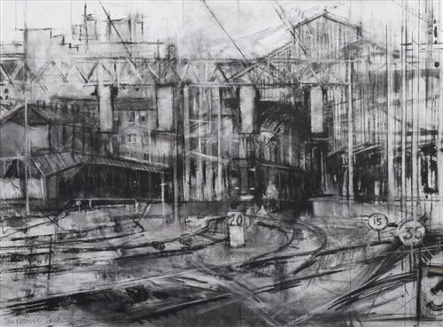 Lot 274 - Ian Norris, "Preston Railway Station", charcoal drawing.