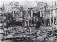 Lot 274 - Ian Norris, "Preston Railway Station", charcoal drawing.