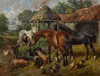 Lot 298 - J.F. Herring Jnr., Farmyard scene with figure and horses, pigs and chickens, oil.