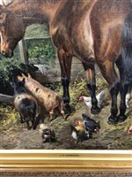 Lot 298 - J.F. Herring Jnr., Farmyard scene with figure and horses, pigs and chickens, oil.
