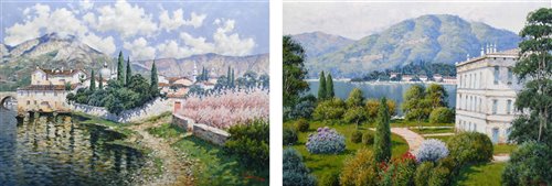 Lot 212 - Antonio Sannino, "Vittoria sul Lago di Como" and "Cherry Blossom, Toscana" oil on canvas (2).