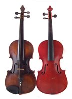 Lot 12 - Violin, with one piece back probably German but branded Duke London, also a Stradivari copy violin