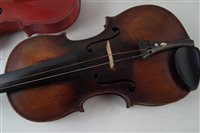 Lot 12 - Violin, with one piece back probably German but branded Duke London, also a Stradivari copy violin
