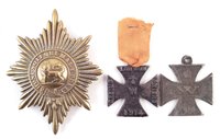 Lot 317 - Victorian Worcester regiment helmet plate also two WWI propaganda iron crosses