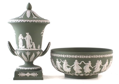 Lot 90 - Wedgwood lidded jasperware campana vase and a bowl