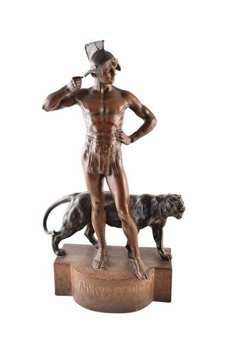 Lot 315 - A spelter figure of a Roman solider standing beside a panther by Jean Lavergne