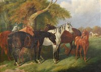 Lot 299 - Edward Corbett, Horses at rest in a field, oil.