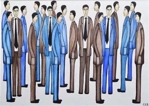 Lot 204 - Christopher E. Barrow, "Twenty Men in Suits", oil.