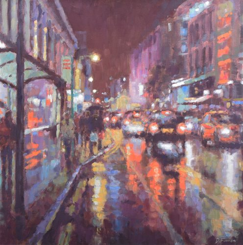 Lot 217 - David Farren, "Heavy Rain Reflections, Deansgate", oil.