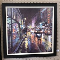 Lot 217 - David Farren, "Heavy Rain Reflections, Deansgate", oil.