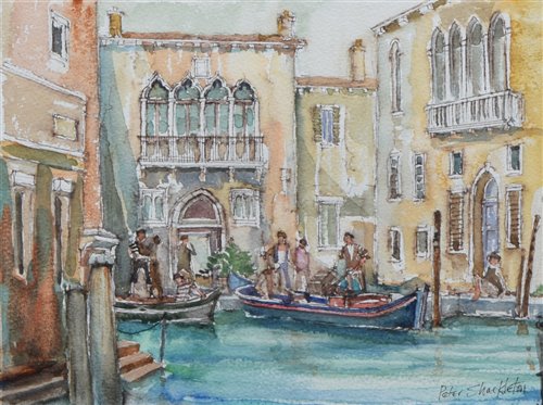 Lot 279 - Peter Shackleton, "Working Boats, Venice", watercolour.
