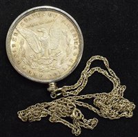 Lot 70 - A Morgan One Dollar, 1896 set in a mount with silver chain.