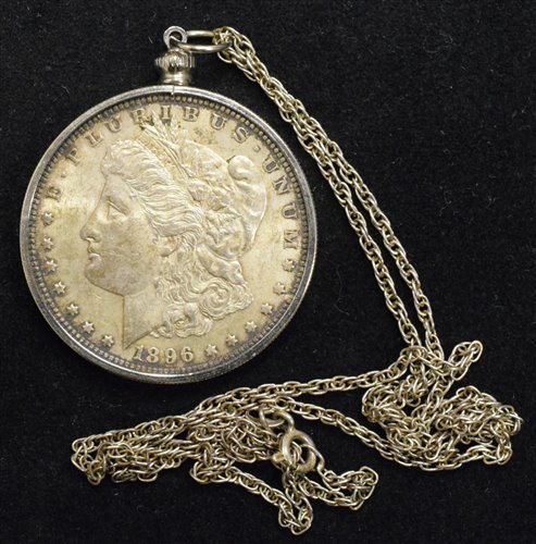 Lot 70 - A Morgan One Dollar, 1896 set in a mount with silver chain.