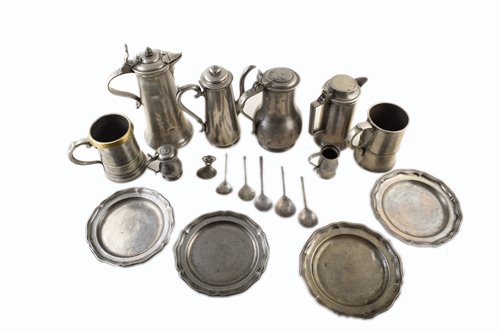 Lot 11 - Pewter collection comprising; four lobed side plates, five tappit hens, two tankards, a measure jug and six spoons. Mixed British and continental touch marks.