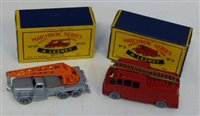 Lot 89 - Matchbox Series 30 German crane (silver body) and Series 9 Merryweather Marquis Series III fire engine both complete with boxes.
