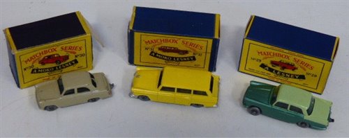 Lot 79 - Matchbox Series 31 American Ford station wagon, Series 30 Ford Prefect and Series 29 Austin Cambridge (new model) all complete with boxes.