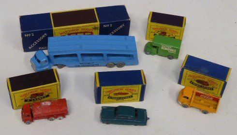 Lot 81 - Matchbox Accessory Pack No. 2 car transporter, Series 37 Coca-Cola Karrier Bantam (2 ton), Series 17 Matchbox removals van, Series 11 petrol tanker and Series 33 Ford Zodiac, all complete with boxe...