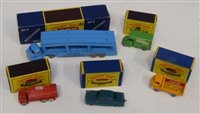 Lot 81 - Matchbox Accessory Pack No. 2 car transporter, Series 37 Coca-Cola Karrier Bantam (2 ton), Series 17 Matchbox removals van, Series 11 petrol tanker and Series 33 Ford Zodiac, all complete with boxe...