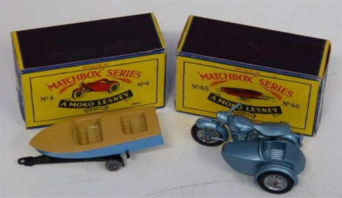 Lot 59 - Matchbox Series 48 "Meteor" sports boat and trailer, Matchbox Series 4 Triumph 110 and sidecar (new model), both complete with boxes.