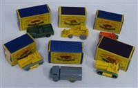 Lot 60 - Matchbox Series 38 Karrier refuse collector, two Series 8 Caterpillar tractors, Series 12 Caterpillar tractor (wrong box), Series 24 WH digger and Series 12 Landrover complete with boxes.
